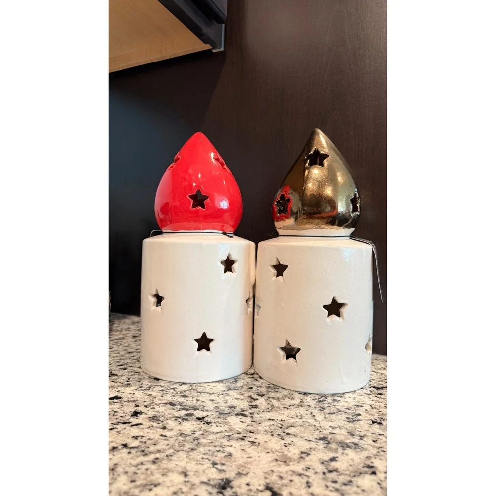 Handcrafted Ceramic Star‎ Cutout Candle Holders Set of 2 Red Gold Vietnam Decor